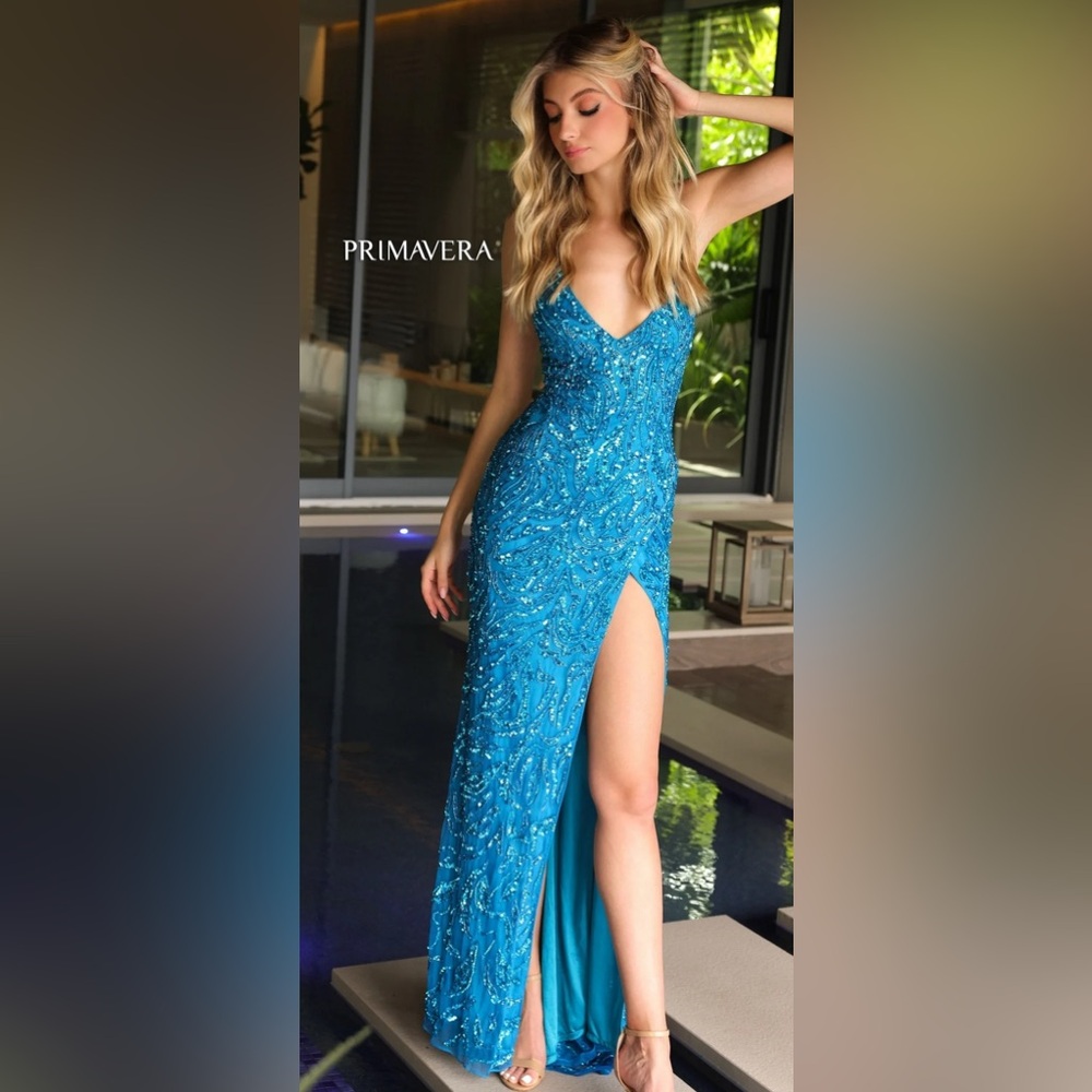 Primavera beaded-print long prom dress. Peacock (teal), size 0.